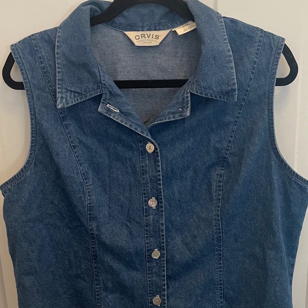 Orvis Womens Denim Vest Medium Wash Button Front Large Western Coastal Cowgirl